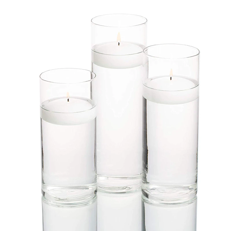 

Customized 12inch Glass Cylinder Vases Set of 3Including 3 Floating DISC Candles, Decorative Centerpieces for Home or Wedding