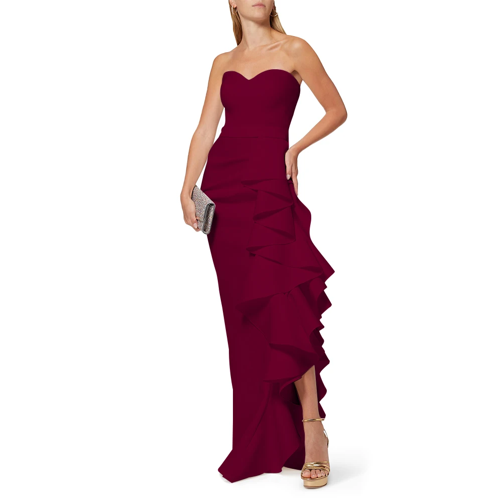 

Strapless Floor Length Gown High Slit Ruffles Ropa Dama Vestido Para Fiestas Evening Dresses Women Roupa Feminino Red Dresses, Picture color