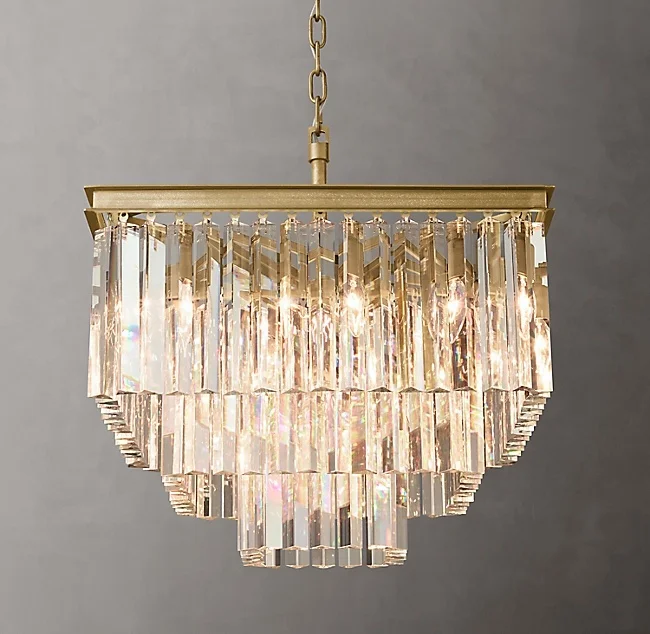 

Luxury 1920S Odeon Classical Crystal Vintage Chandeliers Clear Glass Fringe Square 3 Tier Square Chandelier 22" CZ2508S/13, Nickel, brass, grey iron