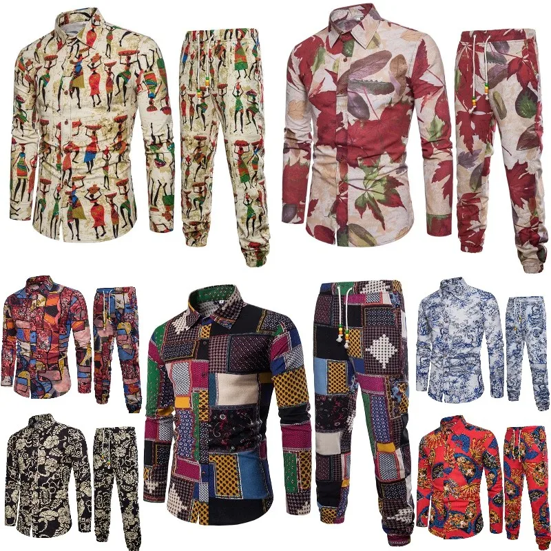 

Summer men's plus size long-sleeved printed shirt trousers two-piece trousers men's casual suit low price wholesale, Mixed