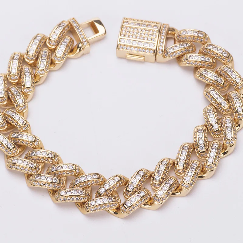 

14mm High Quality Hip Hop Paved Diamond Iced Out Cuban Link Chain Men Jewelry Bracelet Necklace, See picture