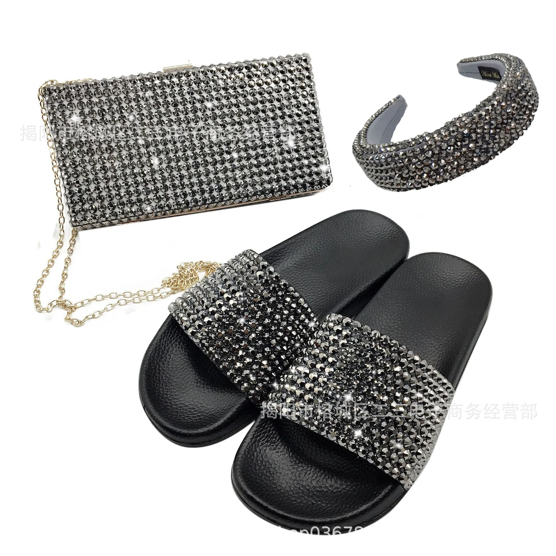 

LOW MOQ wholesale shoes and bag set 2pcs 3pcs headbands for women Fancy diamonds fine flashing diamonds casual ladies, Picture