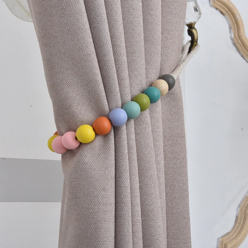 

New Curtain Tieback Curtain Strap Wooden Bead Curtain Buckle Clip Tie Rope Environmental Protection Beige Cotton Rope Strap