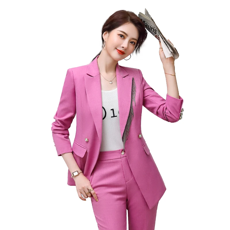 

High-quality Wholesale Candy Color Tassel 2 Piece Suit Set for Women Business Office Lady Work Wear Business Solid Pant Suits, Purple, pink, blue