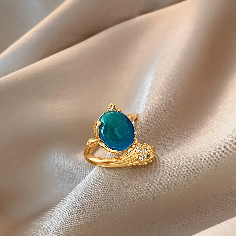 

Creative Hot Sale Changing Color Gemstone CZ Animal Open Rings Gold Plated Zirconia Changeable Band Temperature Fox Ring