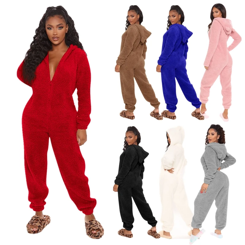 

Fall and winter long sleeve zipper jumpsuit for women plus size women's bodysuit with hoodie, 7 colors