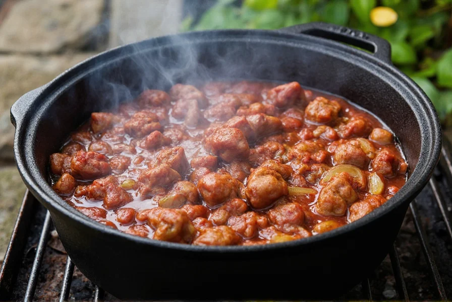 Cast iron dutch oven filled with smoking chili ingredients including beef cubes, onions, and spices on a backyard smoker