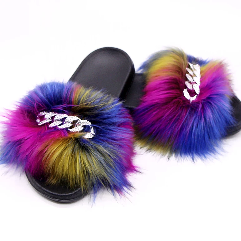 

Fur Women Furry Slippers Glitter Color Shoes Female Casual Platform Flat Summer Fur Sandals Diamond Chain faux Fur Slides, Requirement