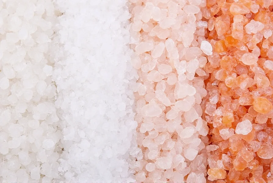 Close-up comparison of different salt varieties showing texture differences between kosher salt, sea salt, and Himalayan pink salt