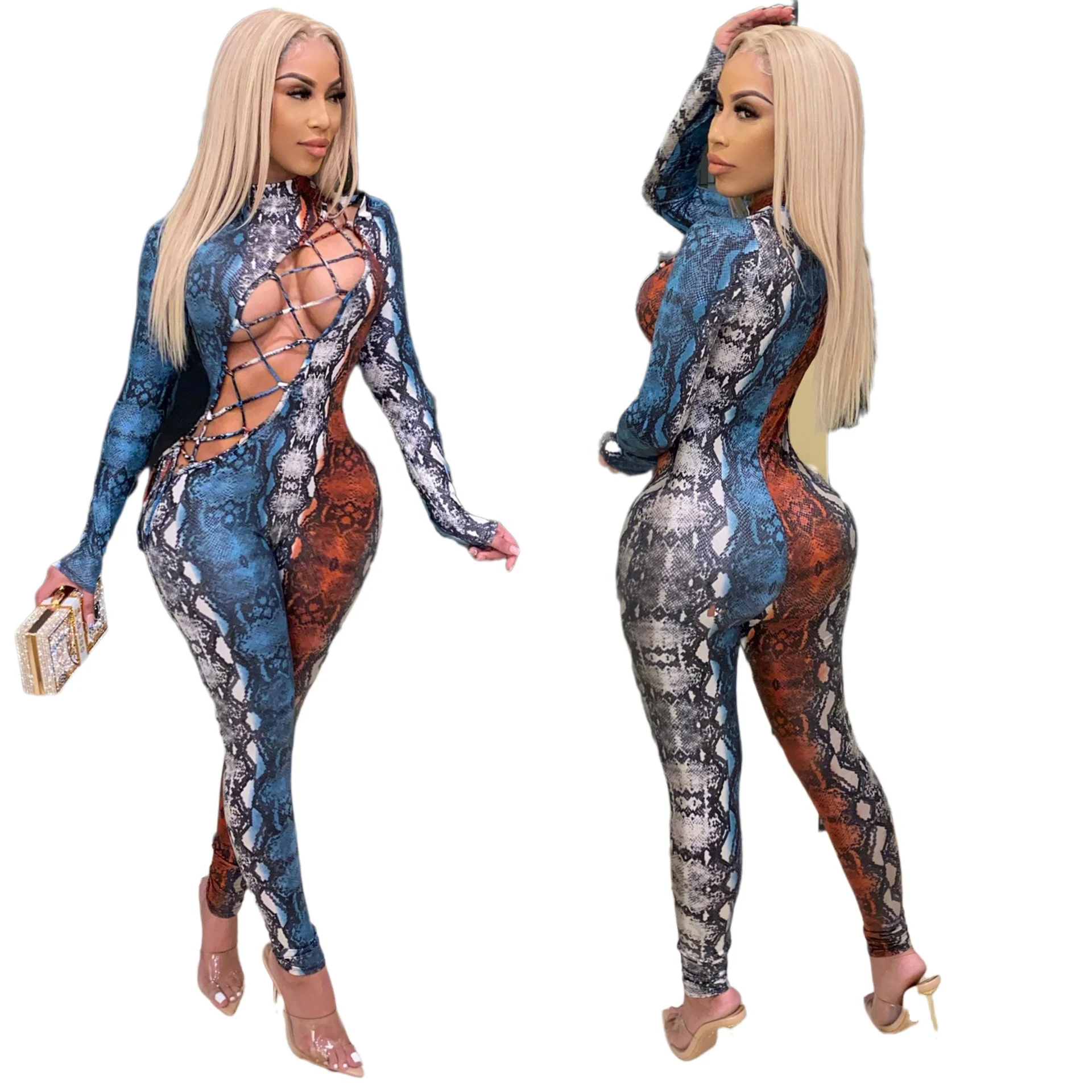 

Wholesale Women Spring 2021 New Clothes Bandage Sexy Hollow Jumpsuit Snake Print Womens Fashion Jumpsuit