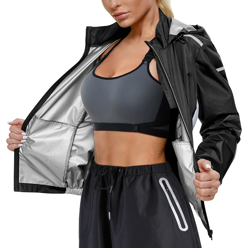 

Women Sauna Jacket Hoodies Custom Logo Workout Running Silver Hot Sweat Loss Weight Sweat Sauna Suits