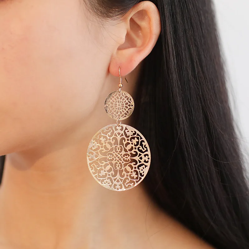 

European And American Retro Hollowed Out Disc Frosted Court Folk Style Carved Flower Earrings Large Earrings For Women