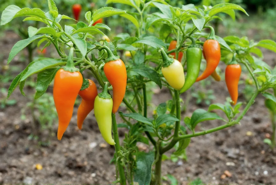 Pepper vegetable garden showing healthy pepper plants with various colored peppers growing on branches in soil