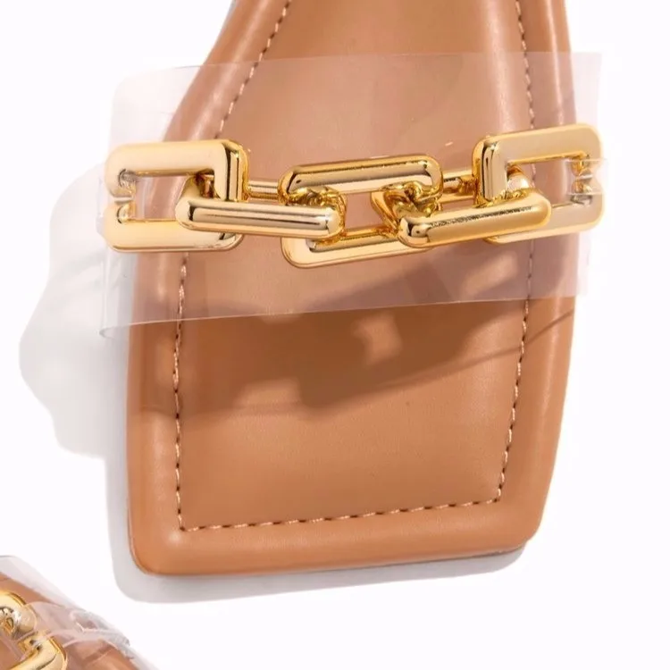 

2021 new women's slippers, square toe flat shoes, chain sandals and slippers, Black,white,brown