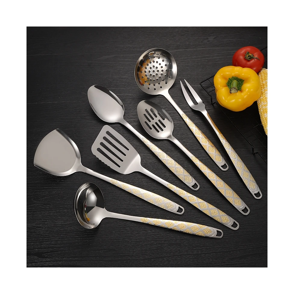 

Eco-friendly 7Pcs Gold Plated Kitchen Utensil Set Skimmer Soup Ladle Stainless Steel Kitchen Accessories Tool, Silver