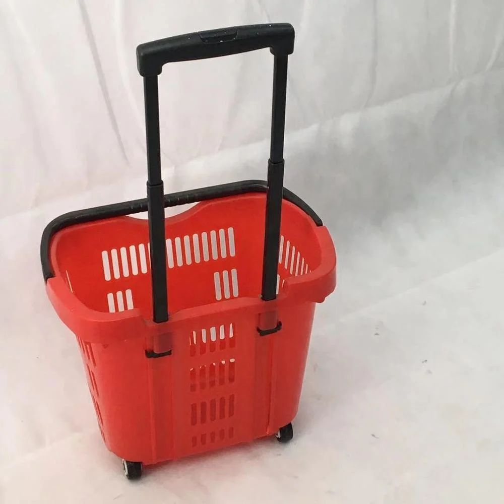 
Eco-friendly rolling plastic shopping basket with two wheels 