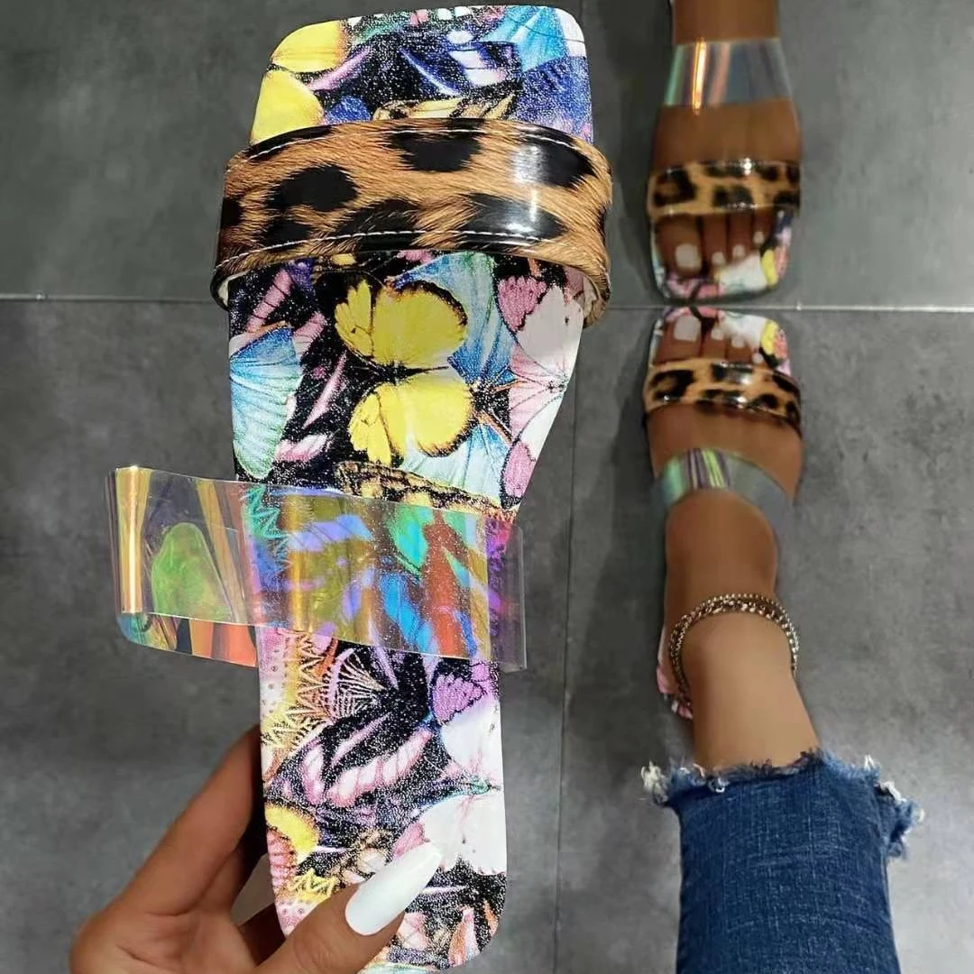 

Pantuflas 2021 New trendy snakeskin double strap sandals high street slippers women fancy casual flat shoes, 4color as picture