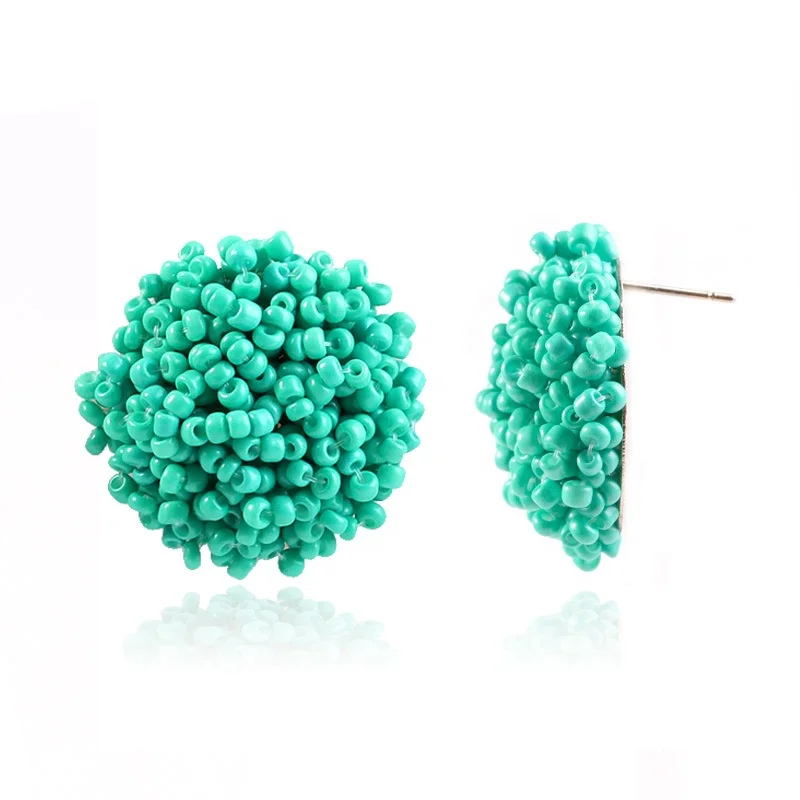 

White And Green Bead Stud Earrings Round Seed Beads Dome Stud Earrings For Women, Picture
