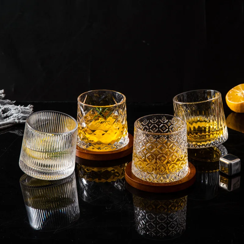 

Wholesale Bulk New Arrival Luxury Relief Decompression Embossed Crystal Whisky Glass Cup Whiskey Glasses Sets with Wooden Base