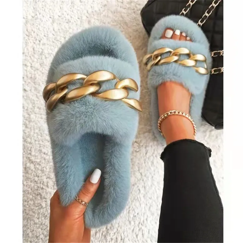 

Women Furry Slides Metal Chain Fluffy Slippers Faux Fur Flip Flops Plush Home Slippers Flat Sandals Ladies Luxury Designer Shoes, Customized