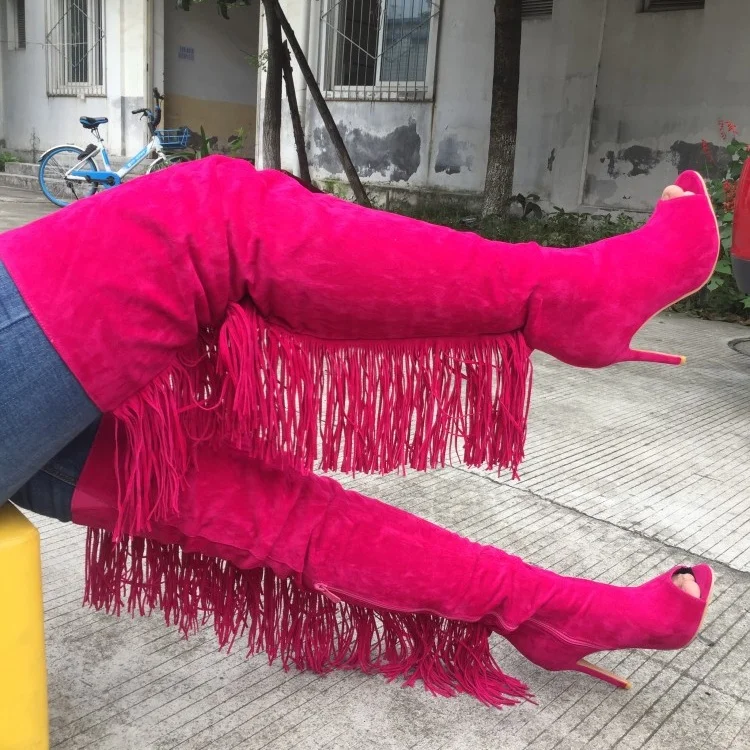 

custom handmade big size tassel neon pink thigh high boots ladies shoes heel, Red/neon pink