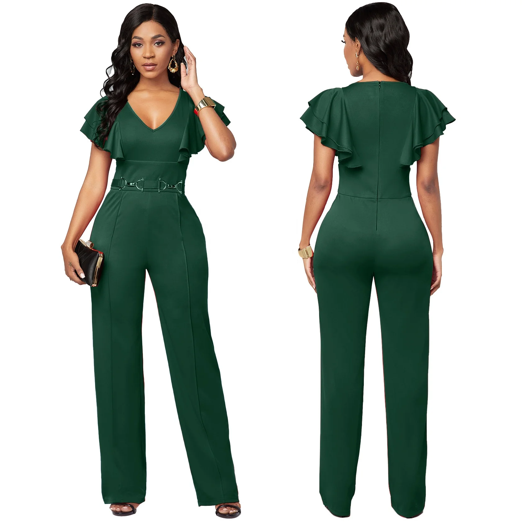 

2022 New Arrival One Piece Fall Clothing Custom Rompers Deep V Neck Green Jumpsuit Elegant Bodycon Jumpsuits For Women