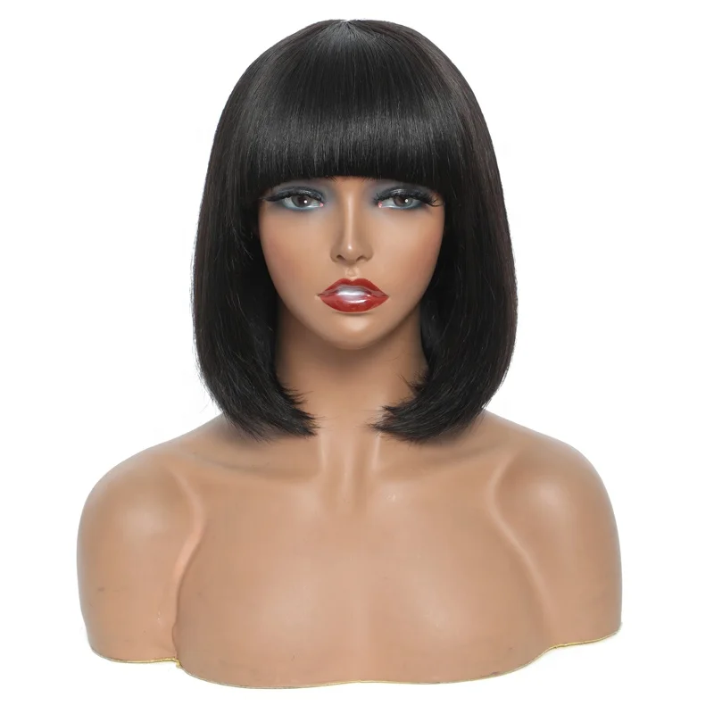 

In stock 1B Machine Made Human Hair none lace Wigs with bang 8-14 Inch Glueless Bob Short Wig Black Women