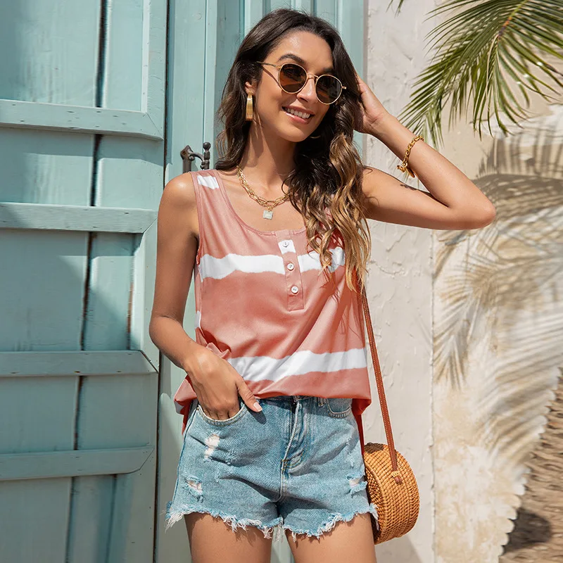 

shein womens clothing Summer new women's clothing U-neck simple and fashionable color matching striped casual vest