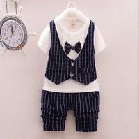 

Hot Sale Wholesale RTS Children Summer Clothes Baby Boys Korean Kids Suits with Bow Tie Boy Clothing Set