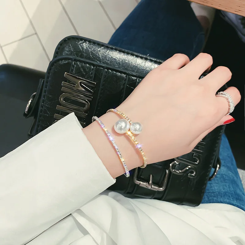 

Barlaycs 2020 Fashion Statement Luxury Charm Bling Rhinestone Diamond Adjustable Pearl Cuff Bracelets for Women Jewelry, Gold and sliver