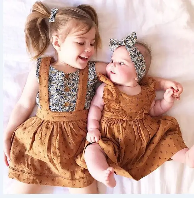 

Summer Toddler Baby Girl Clothes kids fly sleeve floral dress sister cotton princess dress, As picture