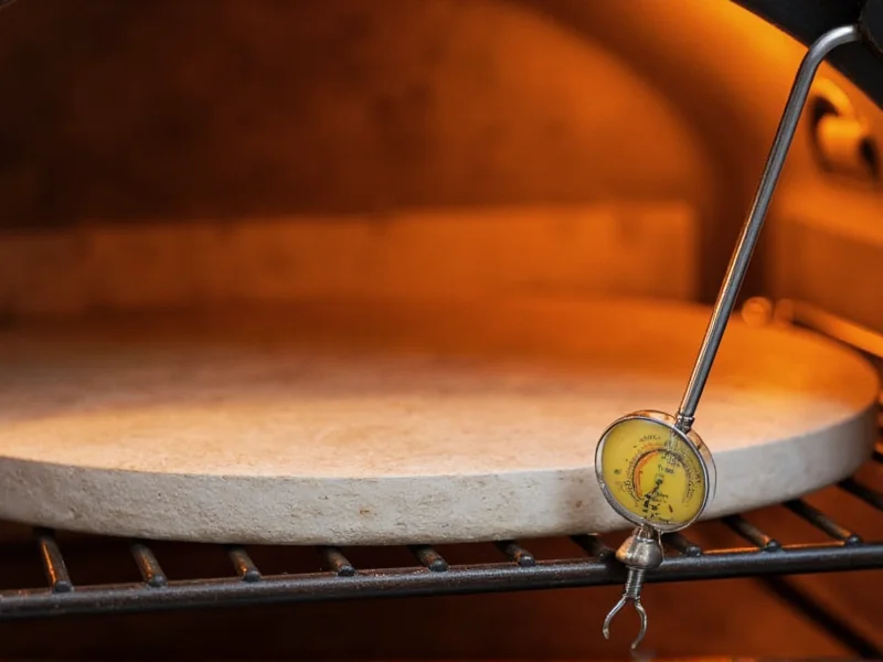 Pizza stone preheating in oven with thermometer