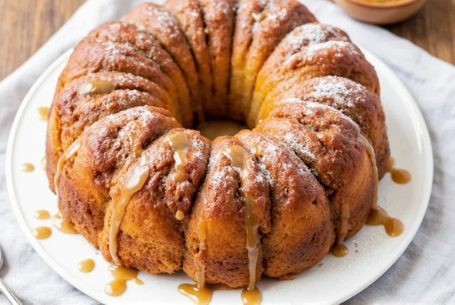 Finished Pillsbury cinnamon roll monkey bread served on white plate with caramel drizzle and powdered sugar