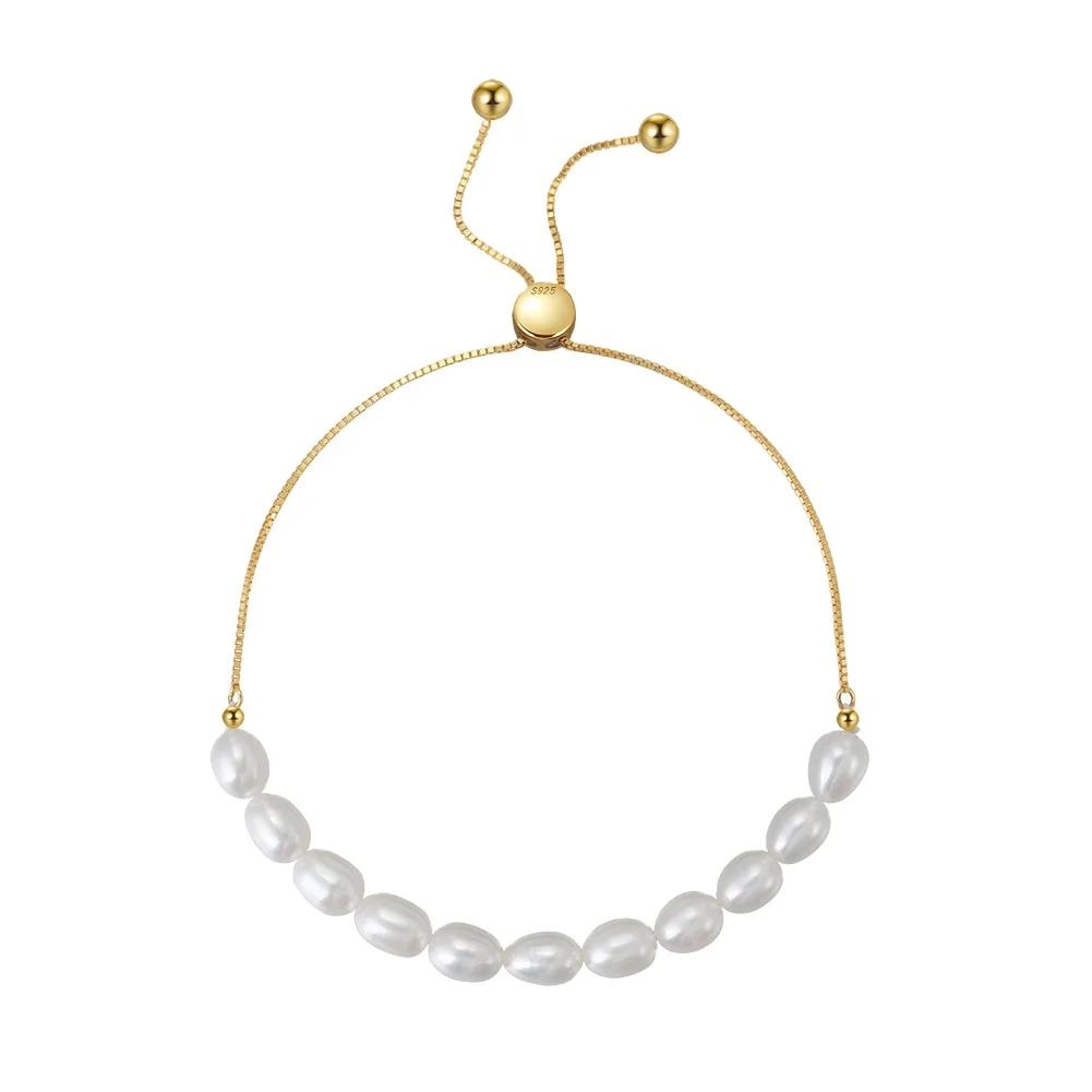 RINNTIN GPB13 Fine Jewelry 925 Silver Bracelet 14K Gold Plated Natural Baroque Freshwater Pearls Bracelets Chain for Women