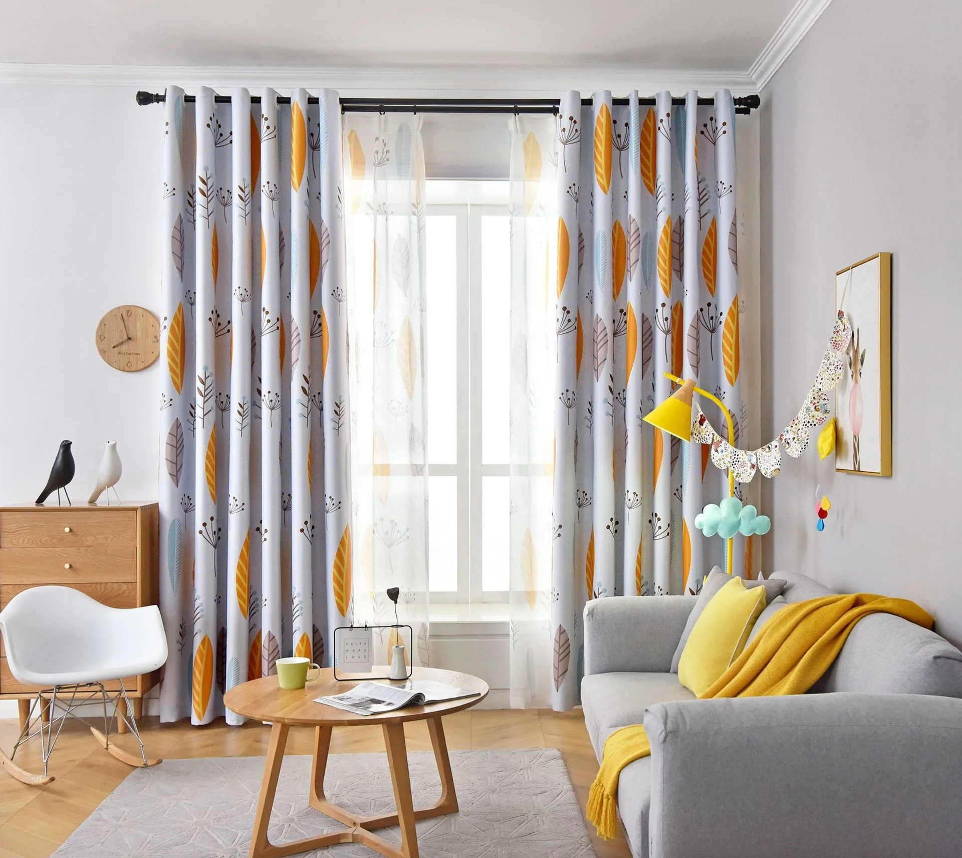 

Hot Sale Modern Nordic Style Curtain Design Yellow Leaves Pattern Printed Blackout Curtains For Room Windows