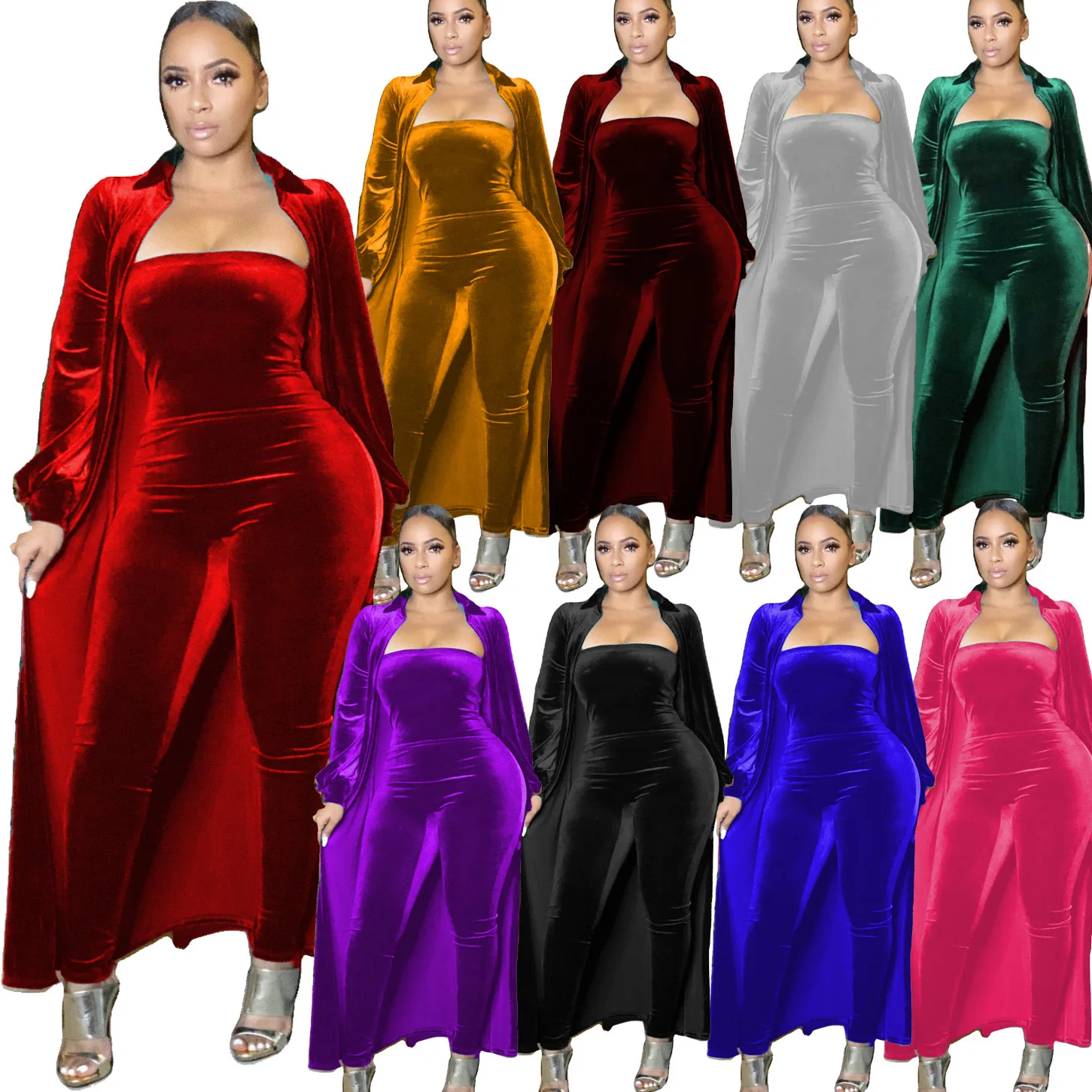 

Fall 2021 women clothes Sexy tube top sexy velvet jumpsuit with coat solid woman 2 piece velvet set, Picture