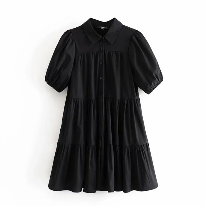 

QZ446 New 2020 Autumn Design Short Sleeve Black Solid Color Mini Dress Women Casual Dresses Clothing