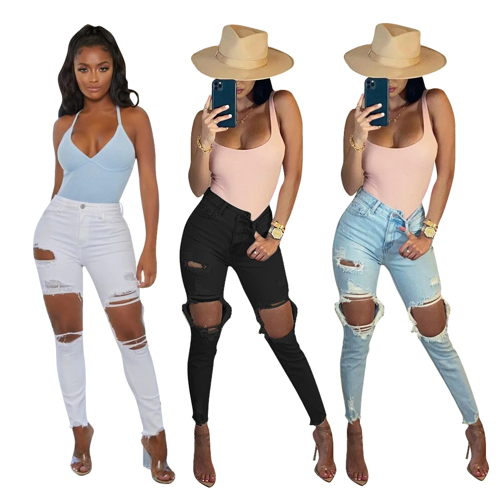 

Foma TS1070 hot selling New arrival casual sexy fashion women's cotton washed hole women elastic pants jeans