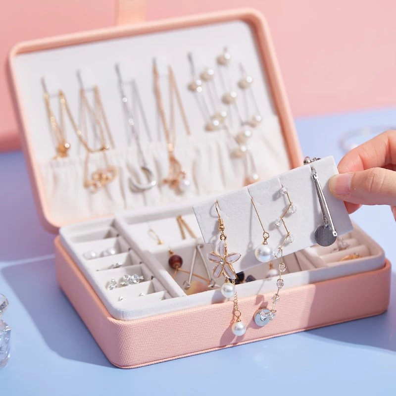 
2020 Latest Design Girl Leather Velvet Jewellery Ring Necklace Earring Storage Packaging Box Portable Travel Jewelry Case 