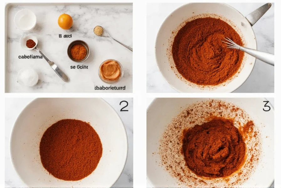 Step-by-step preparation of homemade ancho chile substitute blend showing spice measurements and mixing process