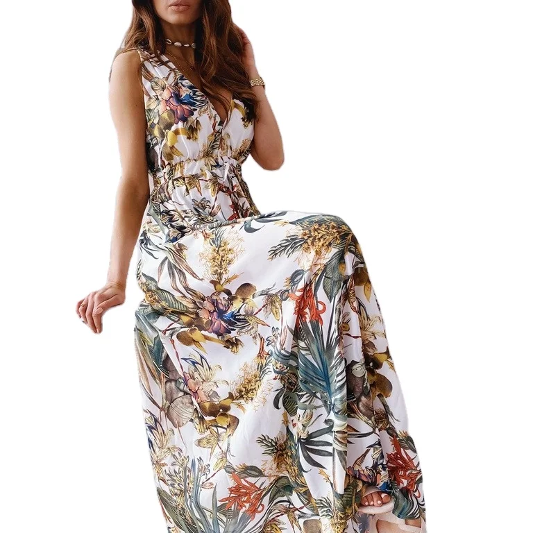 

Elegant Casual Summer Women Dress Maxi Floral Printed V Neck Beach Party Dresses