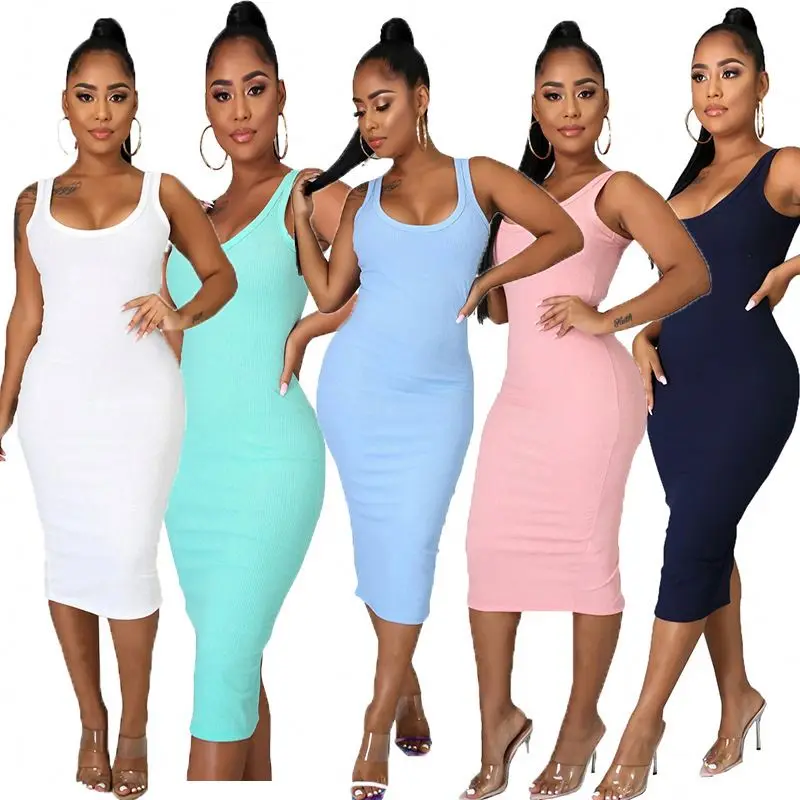 

Summer 2020 Women Casual Dress Solid Color Sleeveless Ribbed Bodycon Bandage Dress