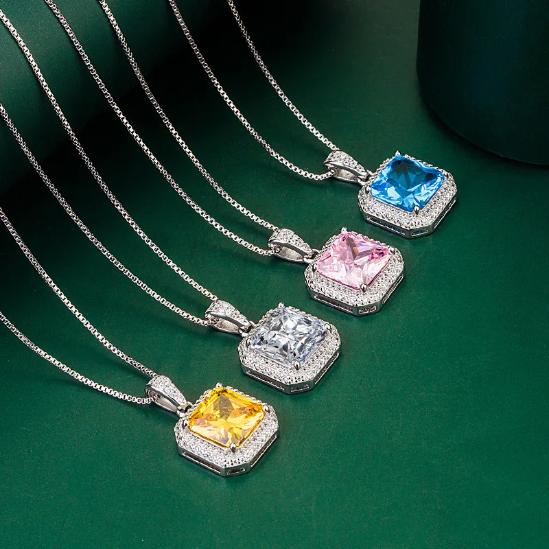

Elegant Design S925 Sterling Silver Cubic Zircon Pendant Necklaces Geometric Square Diamond Necklace For Women Gift
