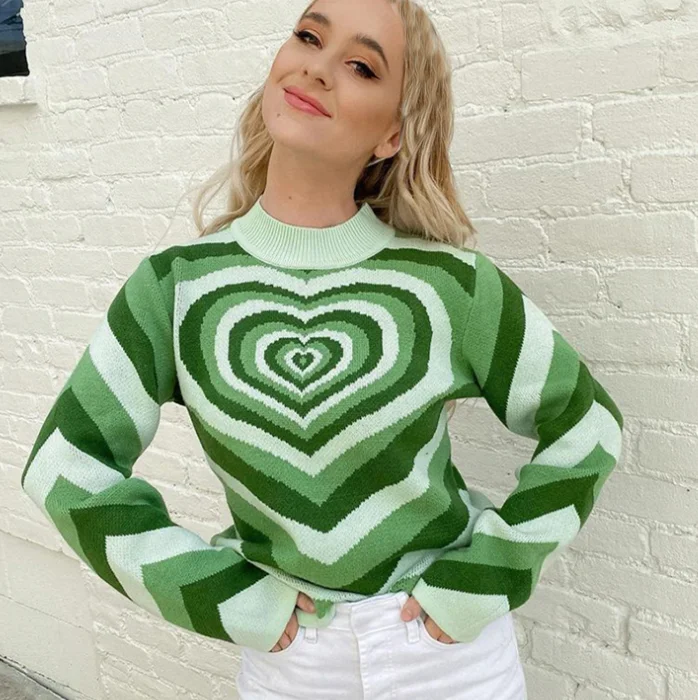 

Heart sweater women's retro ladies' explosive models color matching rainbow half high neck slim net plus size pullover sweater, 5 colors as shown