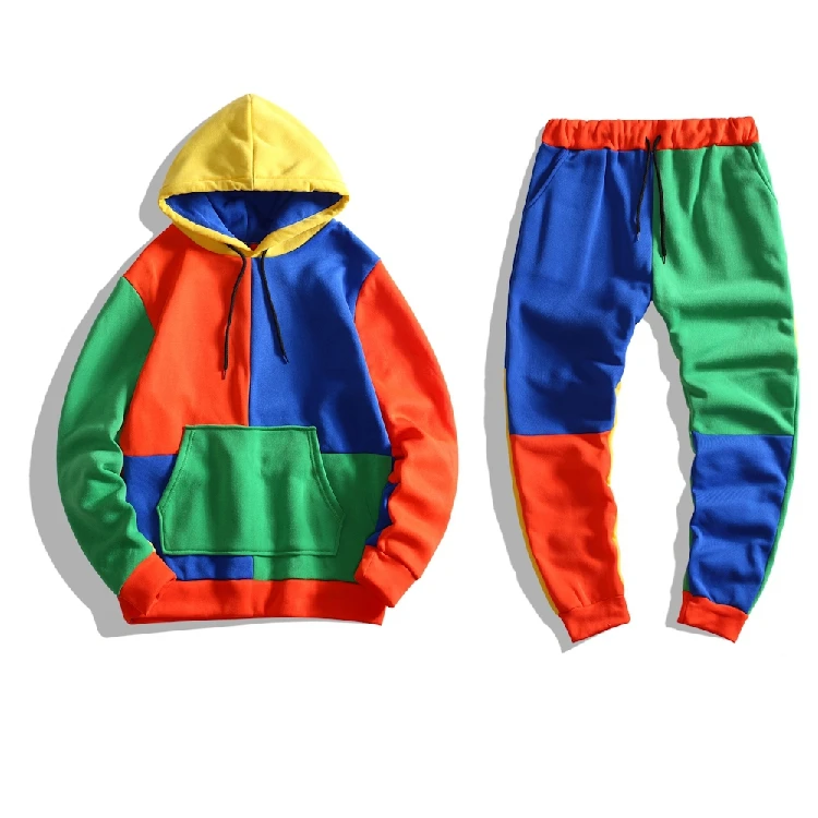 

Men Winter Patchwork Hoodies Pants Colorful Two Pieces Tracksuit Sportswear Running Joggers Gym Outfit Set Sweatsuit for Male, Multicolor