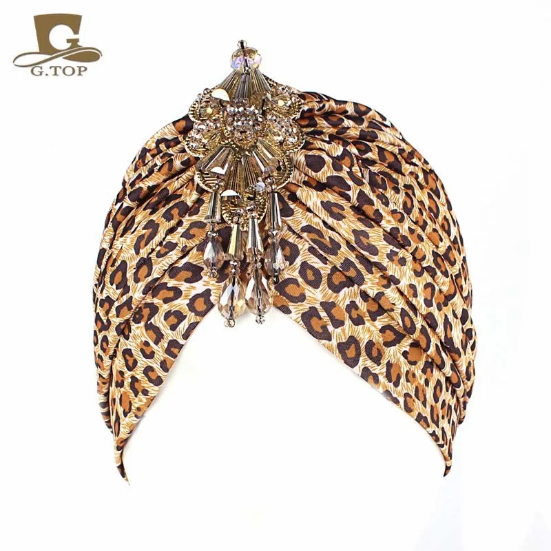 

wholesale Luxury Divas Stretchable turban Head wrap hat with beaded pendant women Headwear