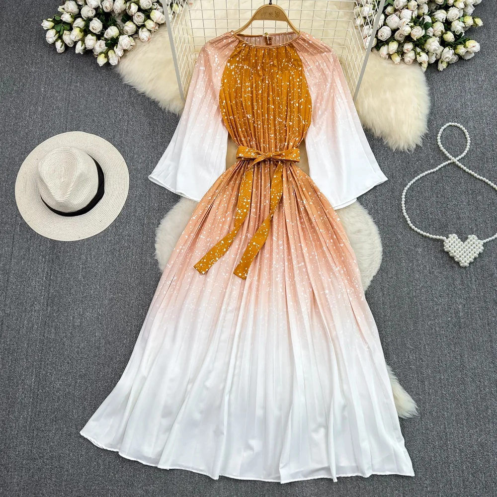 

Summer Vintage Seven Split Sleeve Round Neck Waist Gradient Color a-line Pleated Dress Women