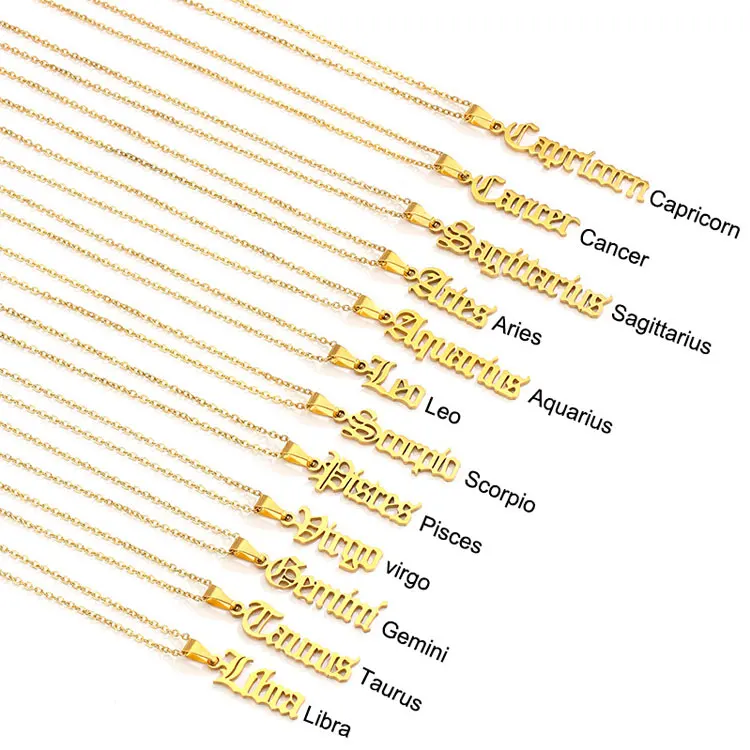 

SC New Design Bar Shaped Zodiac Pendant Necklace Fashion 18K Gold Stainless Steel Ancient Letter Zodiac Sign Necklace for Women, Gold, silver
