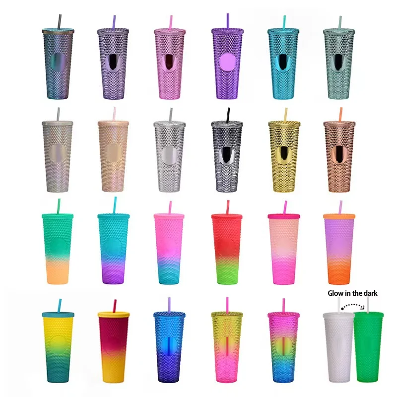 

BORGE Hot Selling 710ml Tumbler Water Cups With Straw Double Wall Plastic Durian Diamond Radiant Beer Mug Coffee Cup