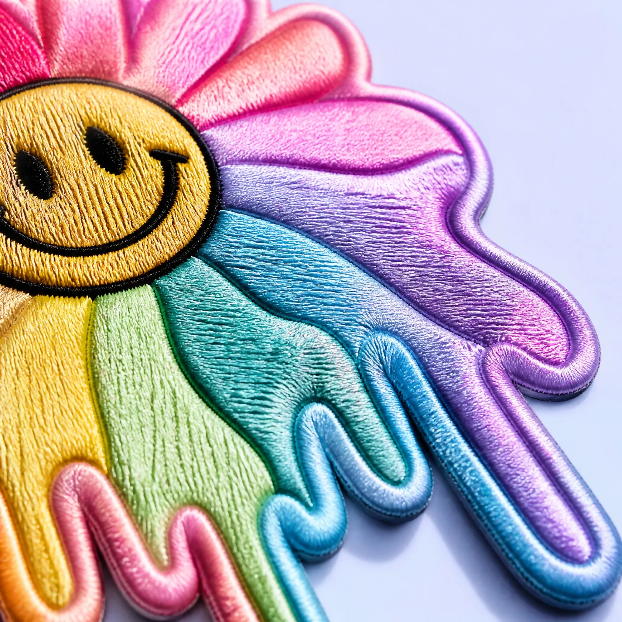 4K Macro Extreme Close-up of Yellow Smiley Center, Pink, Purple, Blue, Green and Orange Dripping Petal Embroidery Stitches